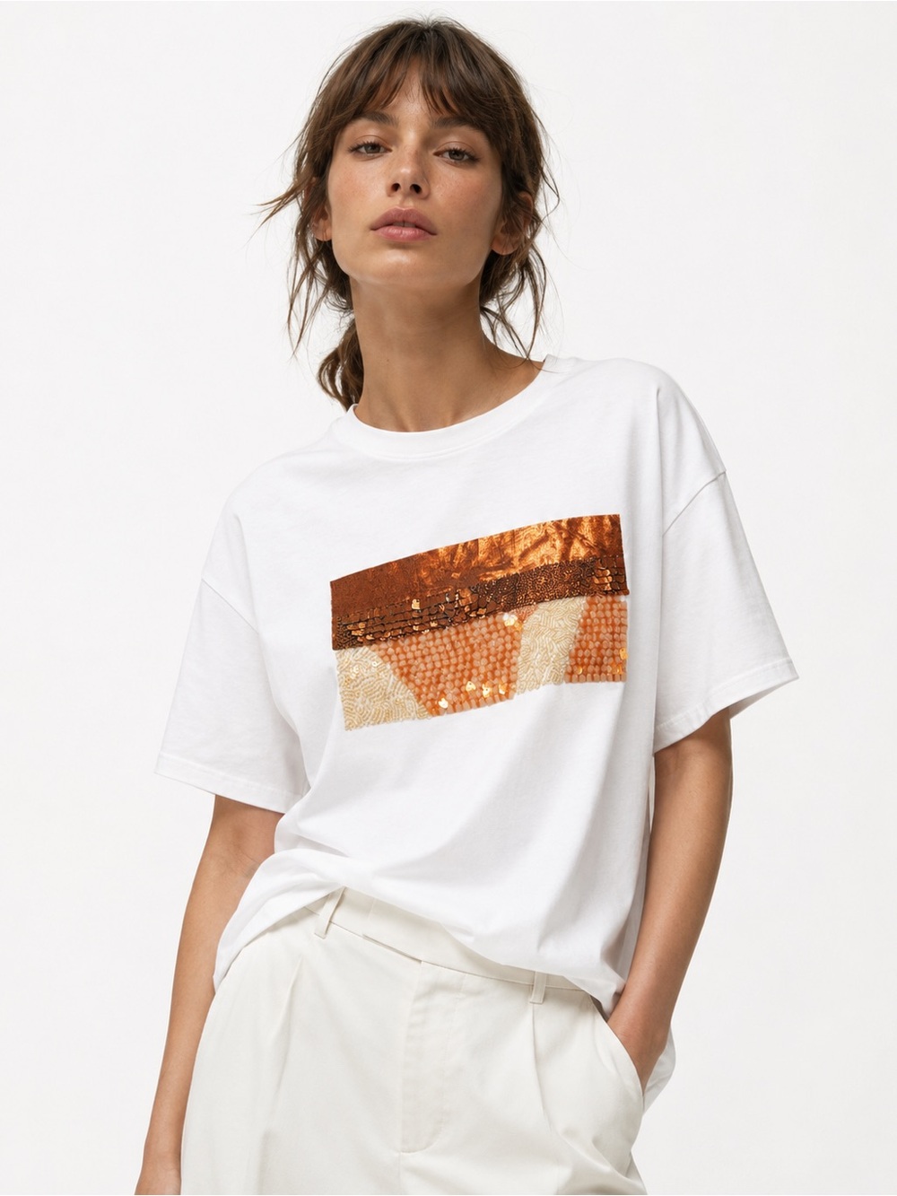 ZARA White Short Sleeve Tee w Copper Sequin Chest - T-Shirt Top